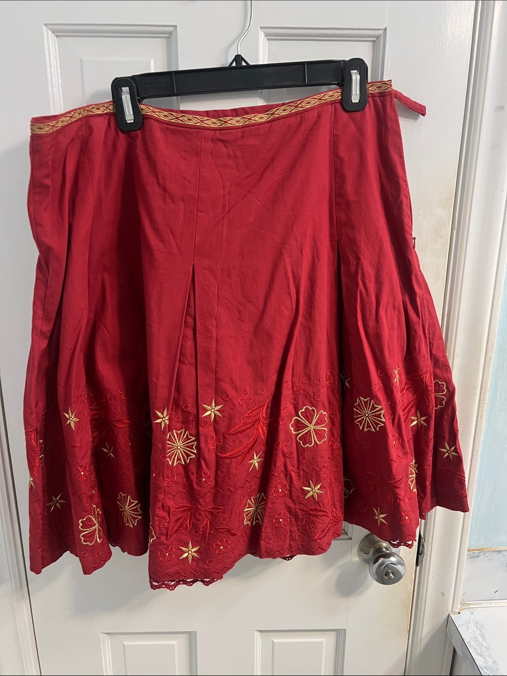 Talbots Red Circle Skirt with Gold Embroidery